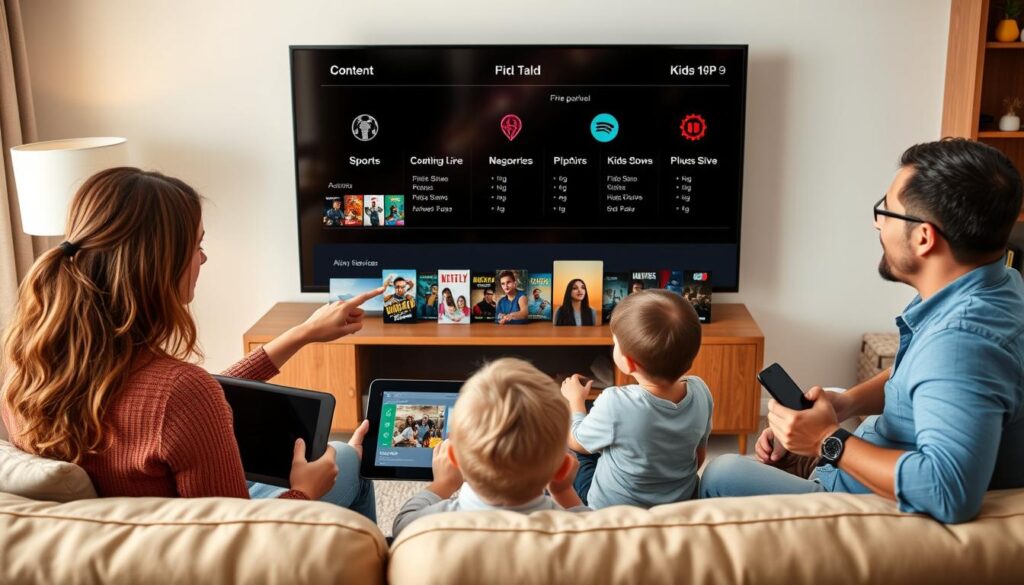Family choosing between different best IPTV services on various devices