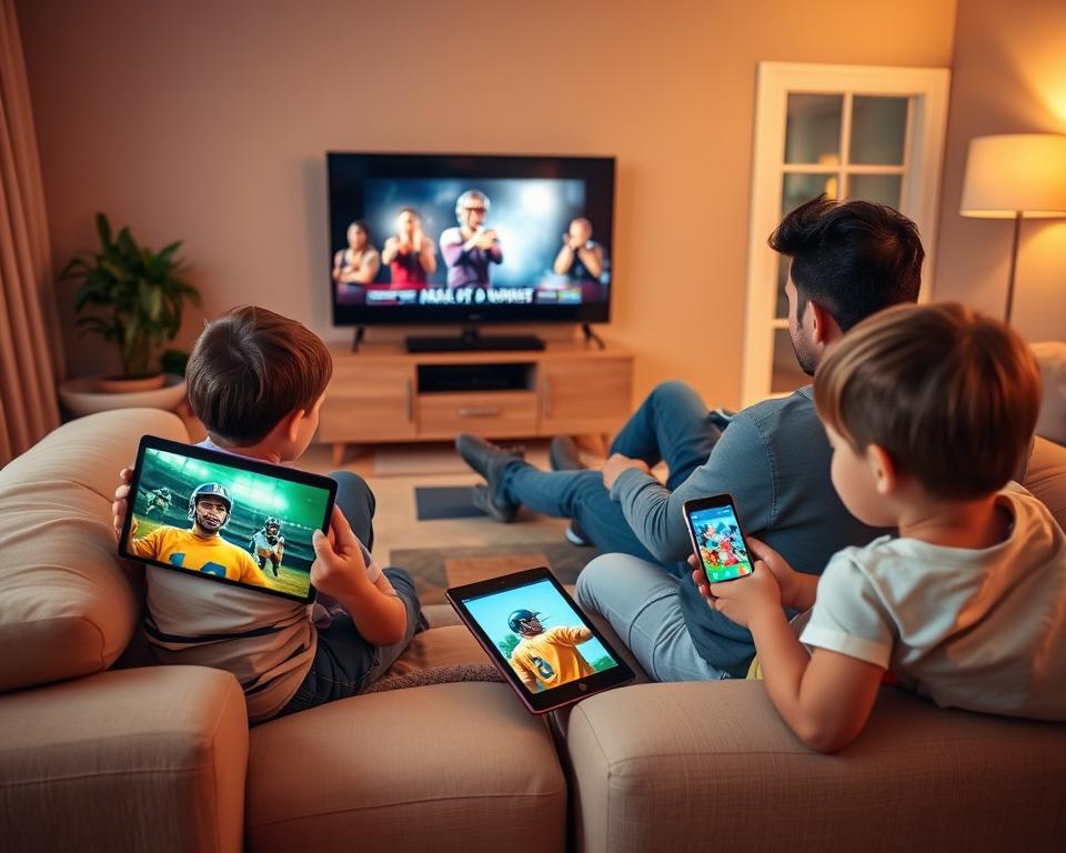 Family enjoying IPTV content on multiple devices in a living room setting