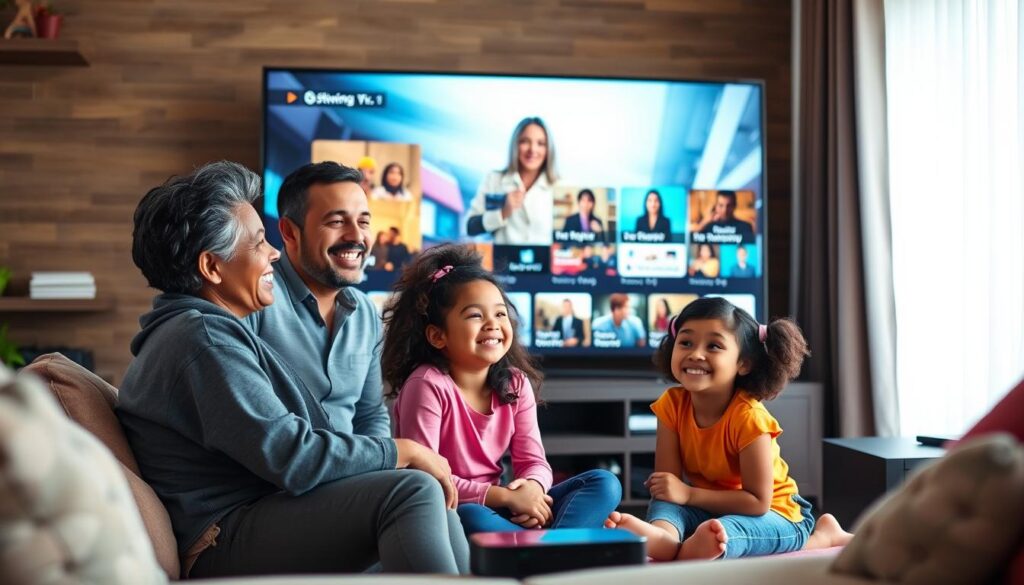 Family watching IPTV on a large screen TV in living room Family watching IPTV on a large screen TV in living room