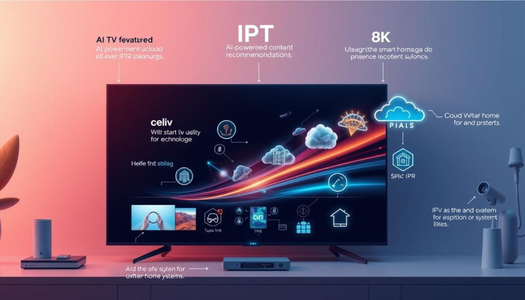 Future trends in IPTV technology showing AI recommendations and 8K streaming