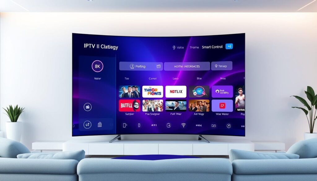 Futuristic IPTV interface showing 8K streaming, AI recommendations, and smart home integration