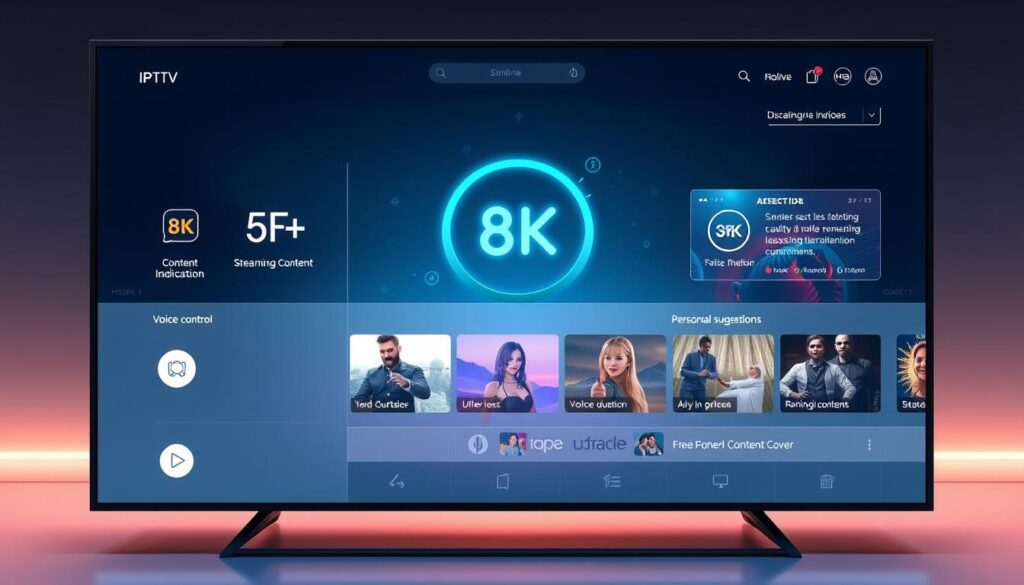 Futuristic IPTV interface with AI recommendations and 8K content