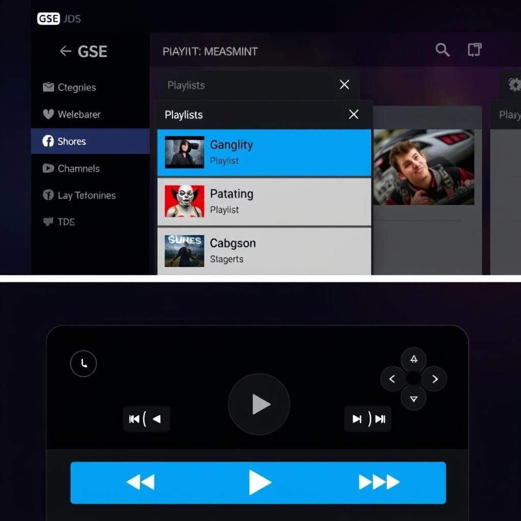 GSE Smart IPTV app showing playlist management and streaming options