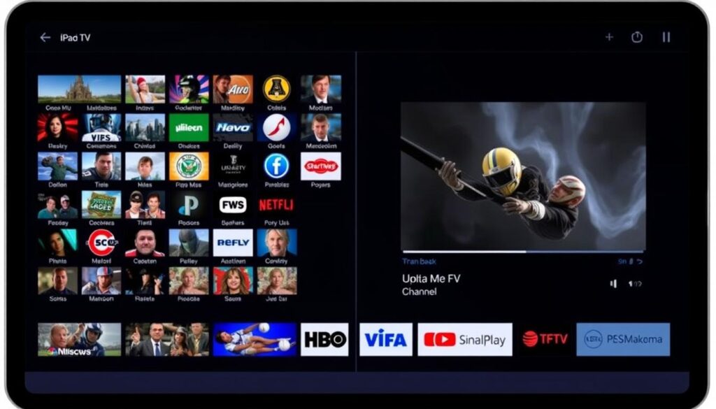 GSE Smart IPTV on iPad showing channel grid and playback controls GSE Smart IPTV on iPad showing channel grid and playback controls