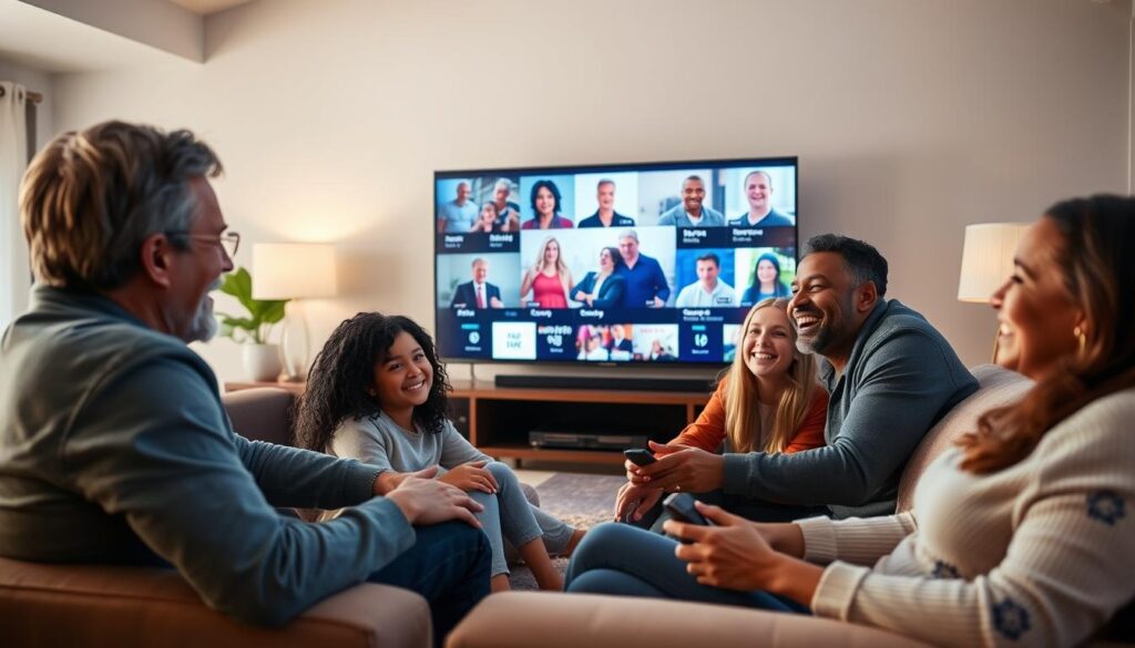 Happy family enjoying content from the best IPTV service on their TV