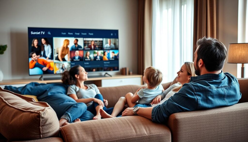 Happy family enjoying content from their chosen IPTV service after trial period Happy family enjoying content from their chosen IPTV service after trial period