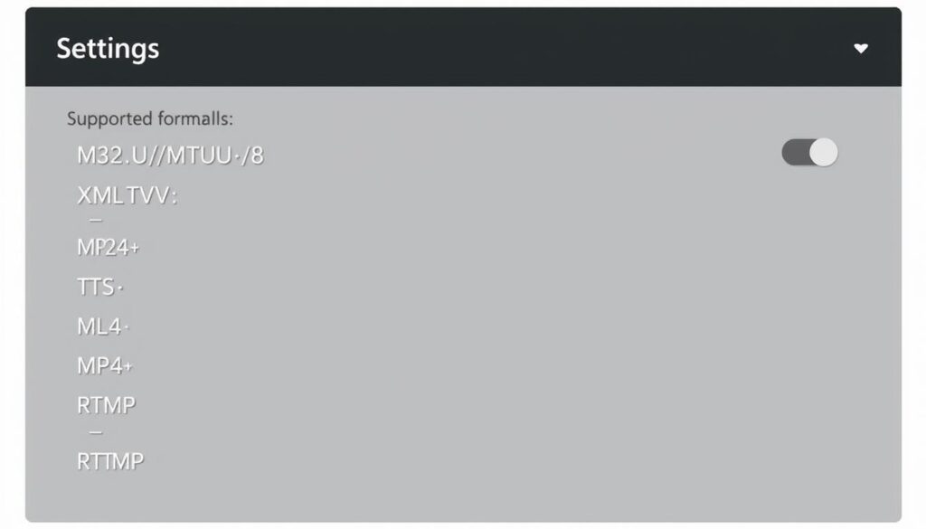 IPTV Smart Player format support menu showing various compatible formats IPTV Smart Player format support menu showing various compatible formats