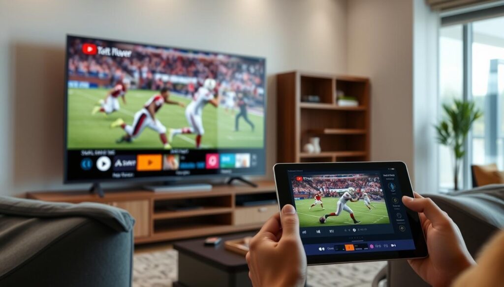 IPTV Smart Player multi-screen feature showing content on TV and mobile simultaneously IPTV Smart Player multi-screen feature showing content on TV and mobile simultaneously