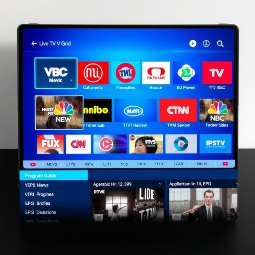 IPTV Smarters Pro interface showing live TV grid and EPG
