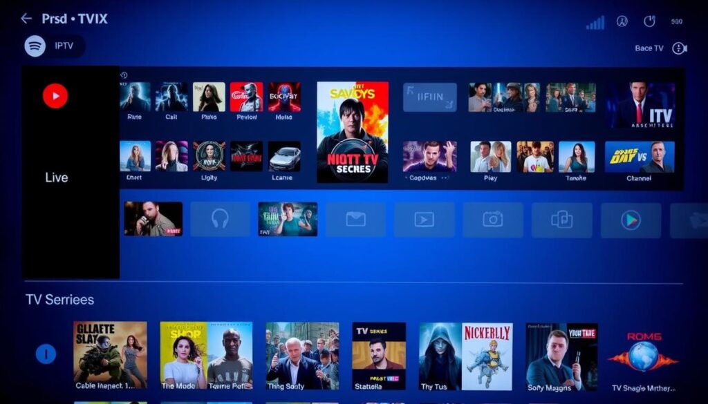 IPTV Smarters Pro interface showing live TV, movies and series sections IPTV Smarters Pro interface showing live TV, movies and series sections