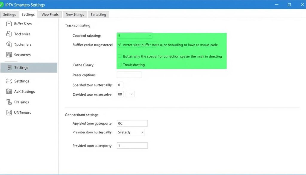 IPTV Smarters Pro settings menu showing buffer and cache options IPTV Smarters Pro settings menu showing buffer and cache options
