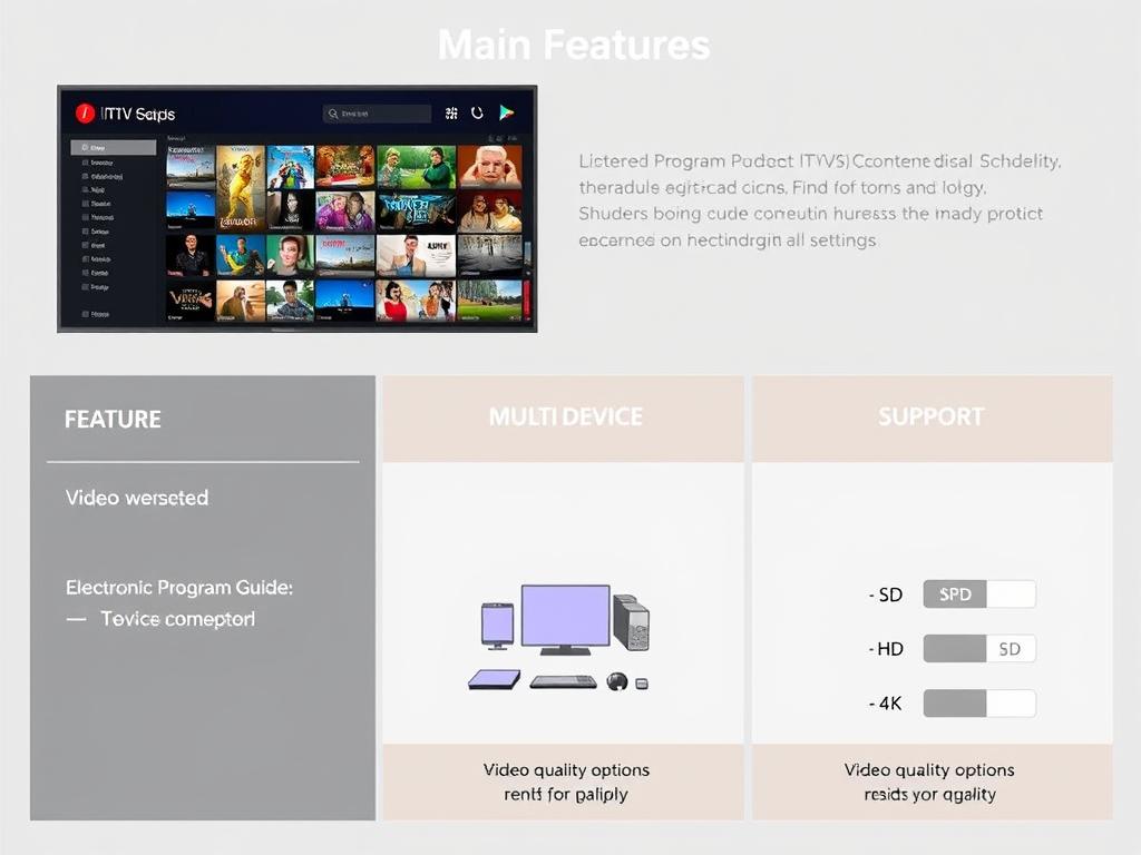 IPTV app features comparison showing EPG, multi-device support, and video quality options