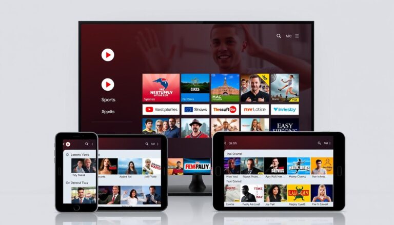 IPTV app interface showing live channels and on-demand content on multiple devices