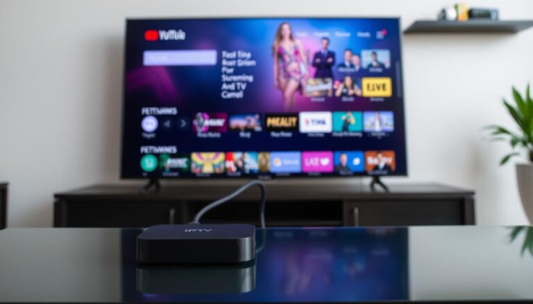 IPTV box connected to TV showing streaming interface