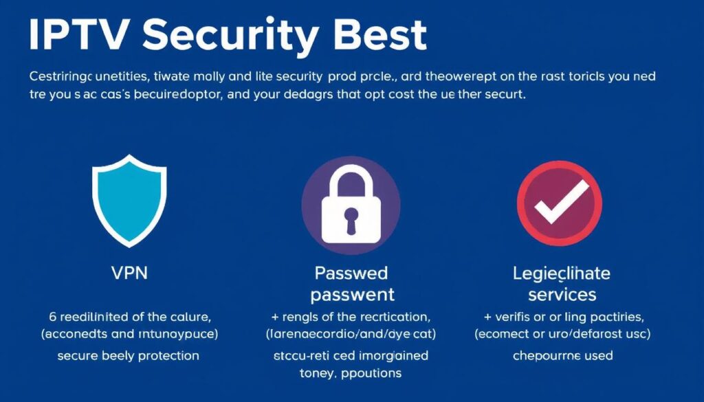 IPTV security best practices showing VPN protection, secure passwords and legitimate services IPTV security best practices showing VPN protection, secure passwords and legitimate services