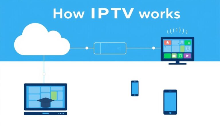 IPTV service concept showing streaming from internet to multiple devices