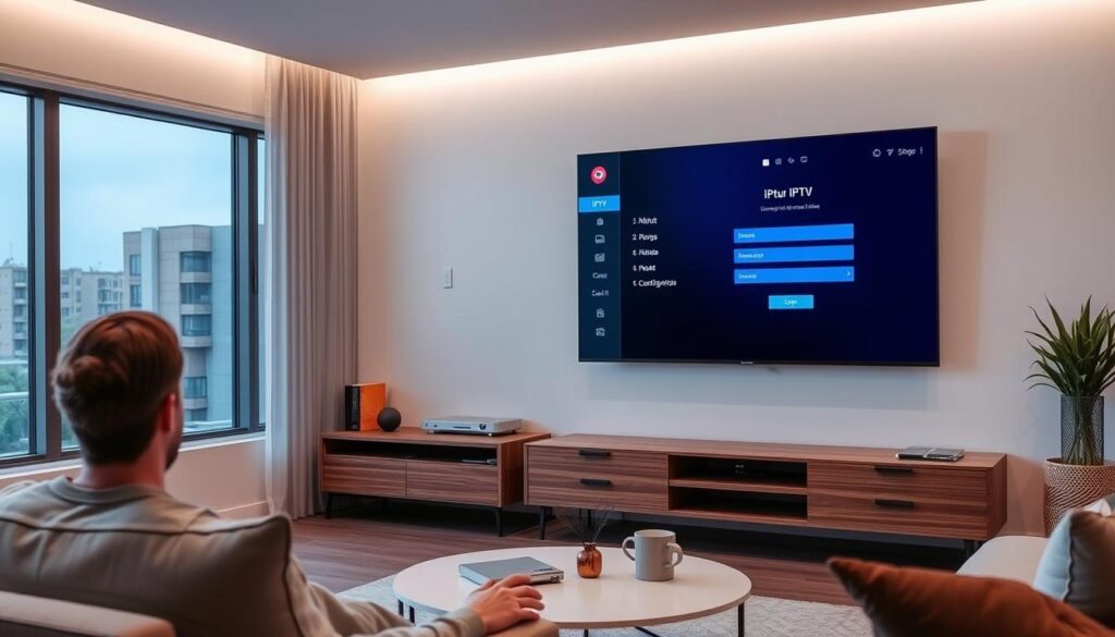 IPTV setup on Smart TV showing app installation and configuration IPTV setup on Smart TV showing app installation and configuration