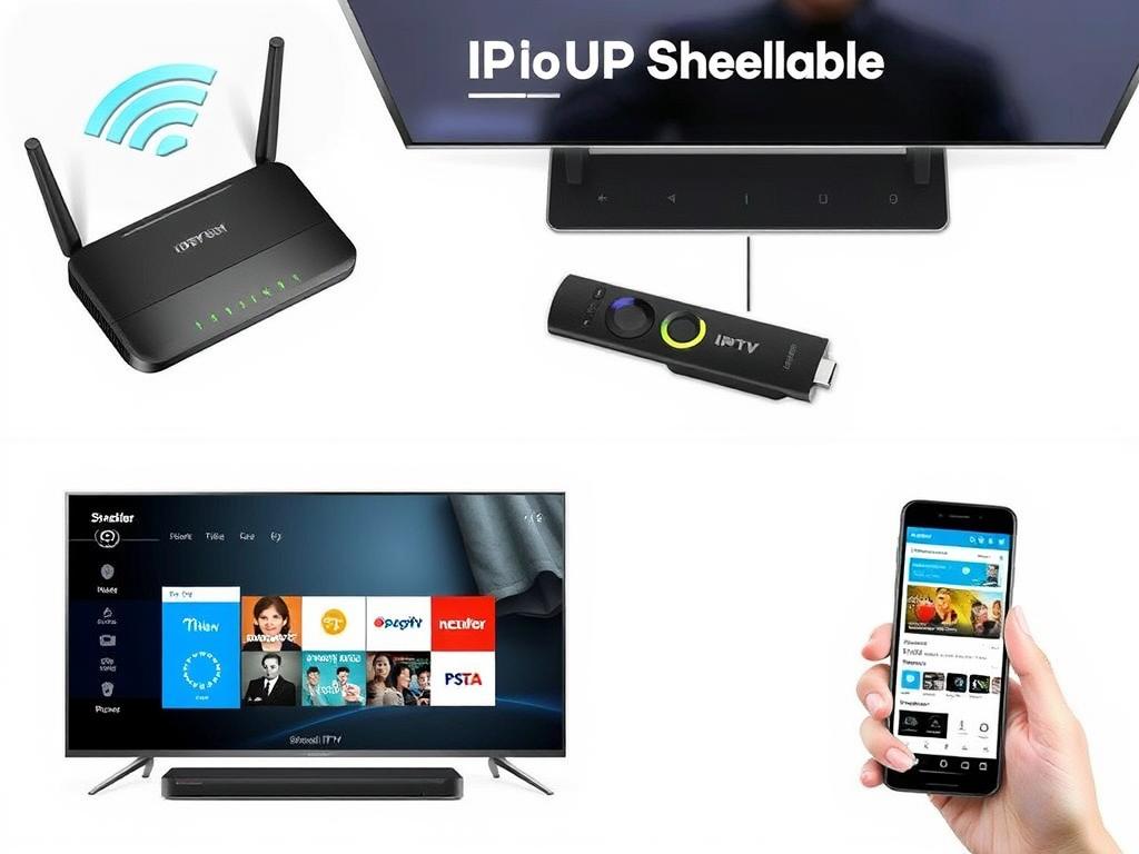 IPTV setup showing required components: router, streaming device, and TV with IPTV interface