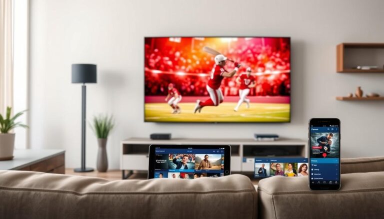 IPTV streaming across multiple devices including smart TV, tablet, and smartphone showing top rated IPTV interface