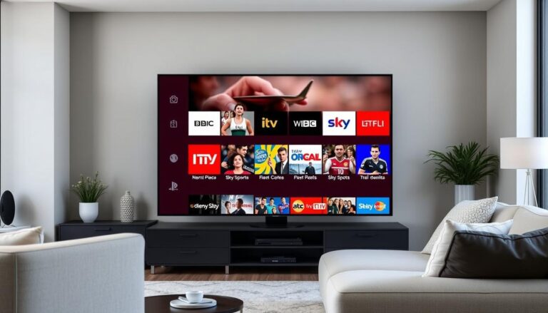 IPTV streaming service showing multiple UK channels on a smart TV