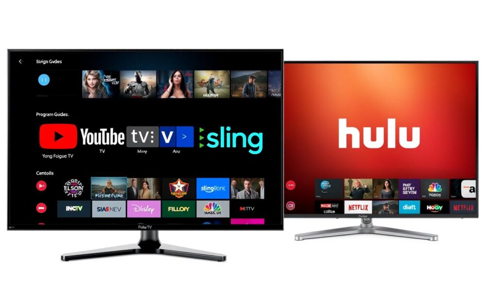Legal IPTV services showing YouTube TV, Sling TV, and Hulu interfaces on different devices
