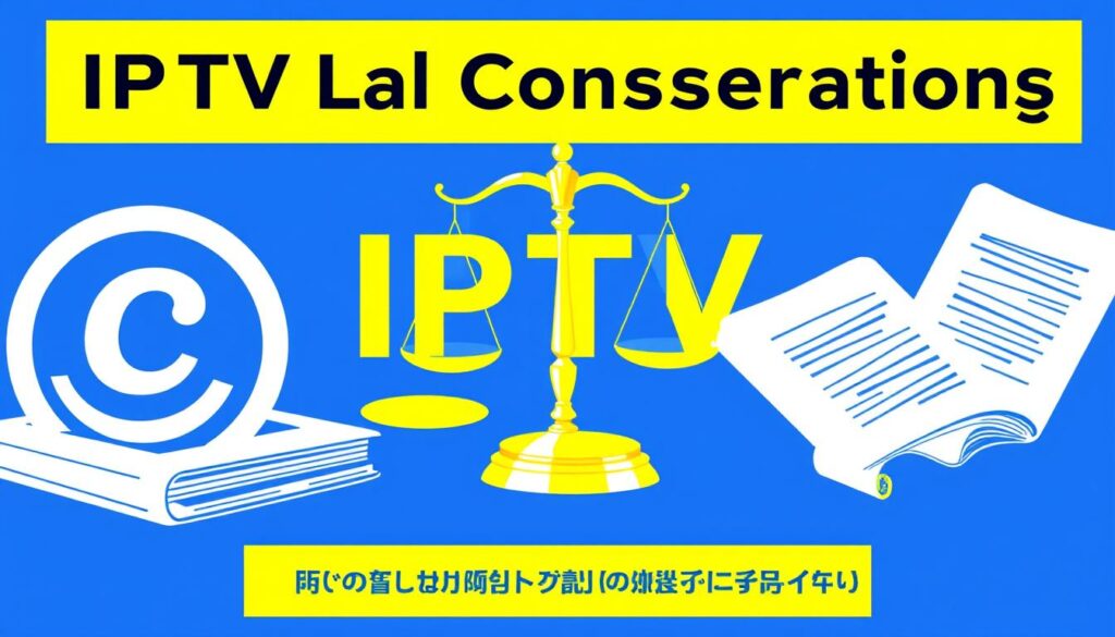 Legal considerations for IPTV playlist usage showing copyright symbols and legal scales Legal considerations for IPTV playlist usage showing copyright symbols and legal scales