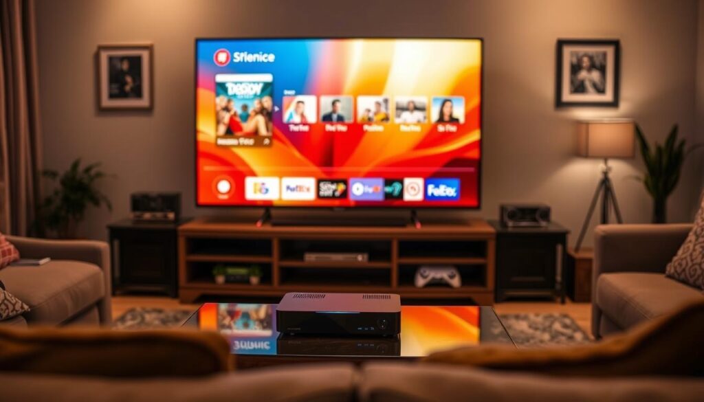 Living room setup with IPTV box connected to large TV Living room setup with IPTV box connected to large TV