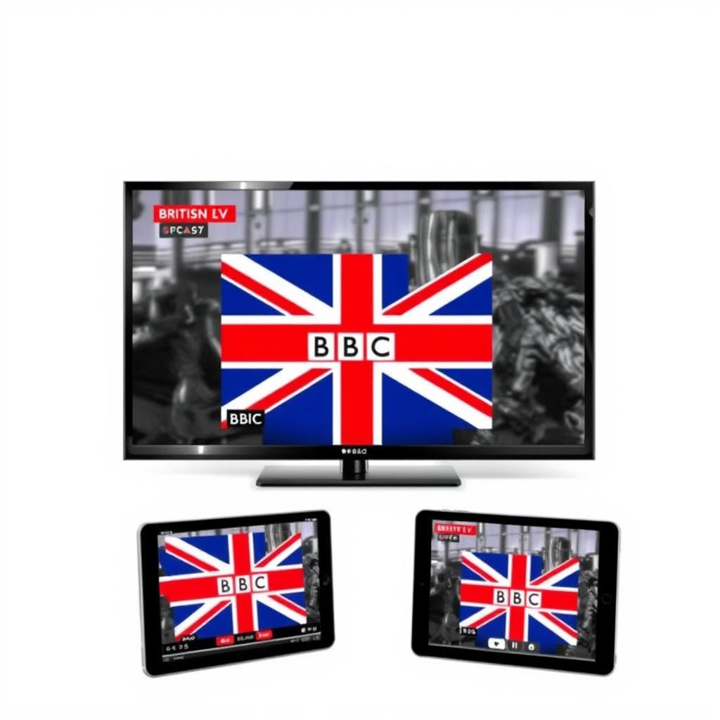Multiple devices showing British IPTV content across smartphone, tablet, and TV