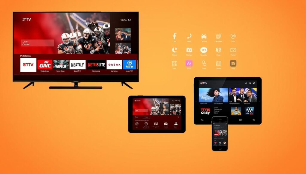 Multiple screens showing different IPTV providers interfaces with live channels and on-demand content