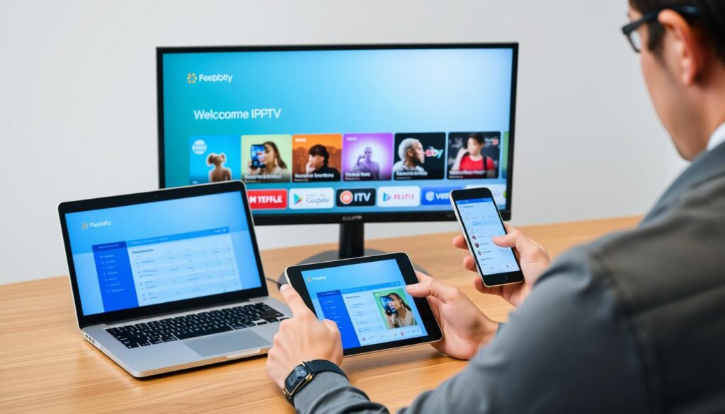 Person comparing different IPTV services on multiple devices