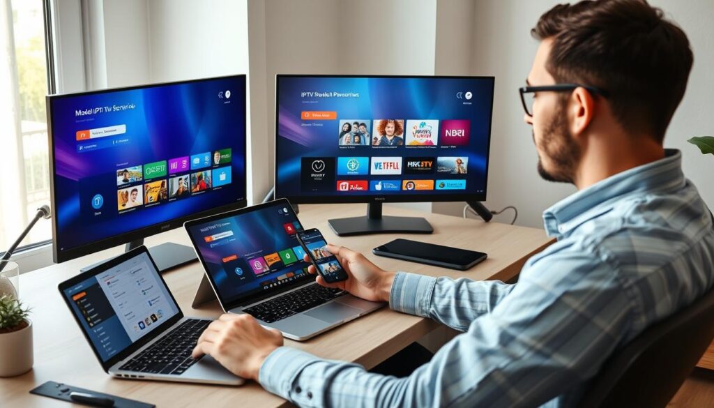 Person comparing different IPTV services on multiple devices