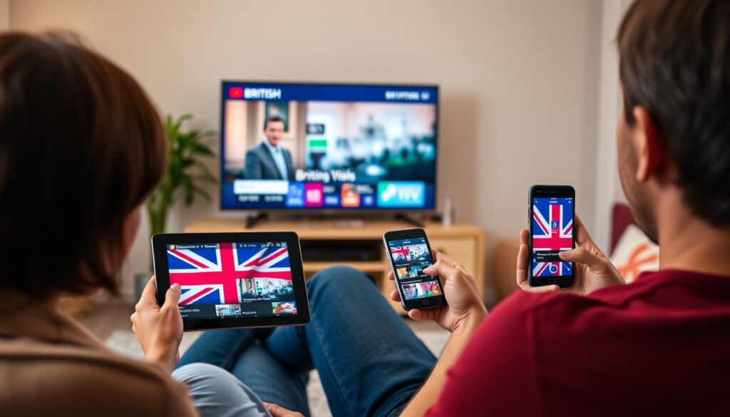 Person enjoying British IPTV content on multiple devices in home setting