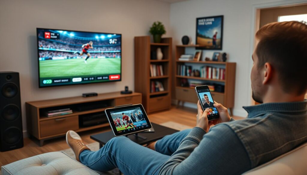 Person enjoying IPTV UK service on multiple devices in a British living room