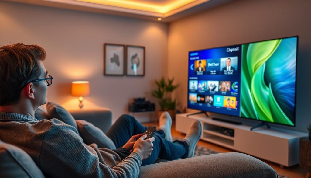 Person enjoying IPTV content on a large screen in a comfortable living room