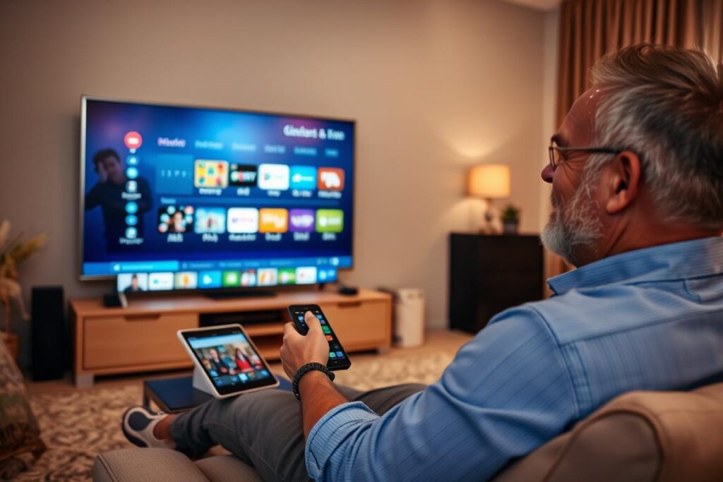 Person enjoying IPTV content on a smart TV in a comfortable living room setting