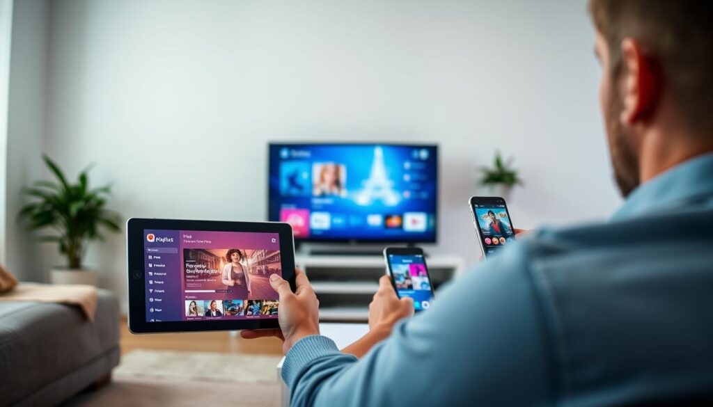 Person enjoying IPTV streaming on multiple devices with organized playlist interface Person enjoying IPTV streaming on multiple devices with organized playlist interface