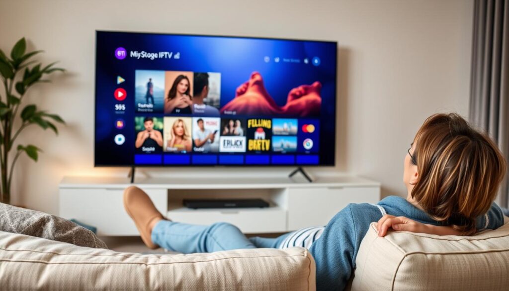 Person enjoying Smart IPTV content on a large screen TV Person enjoying Smart IPTV content on a large screen TV