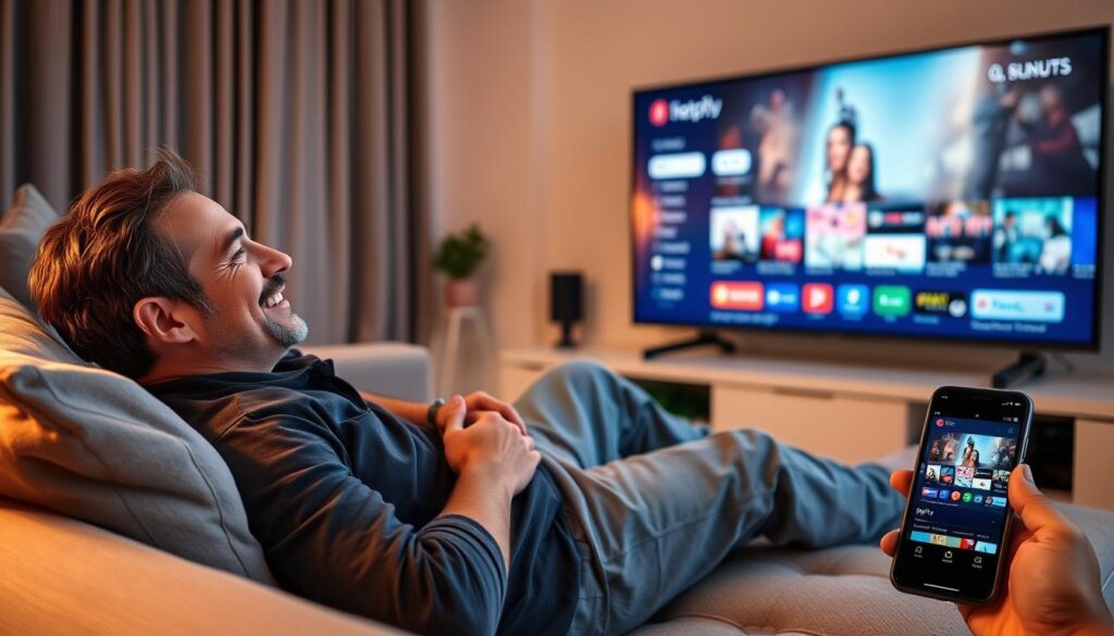 Person enjoying optimal IPTV streaming experience after successful free trial