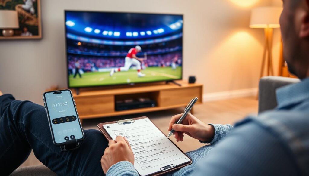 Person evaluating IPTV trial quality on a smart TV with notes Person evaluating IPTV trial quality on a smart TV with notes