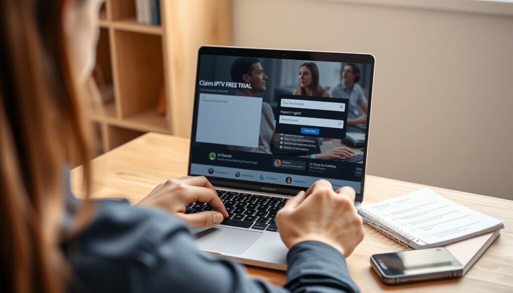 Person following step-by-step process to claim an IPTV trial on laptop Person following step-by-step process to claim an IPTV trial on laptop
