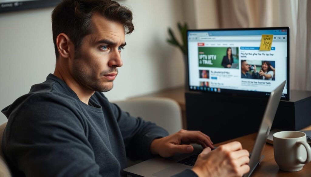 Person looking confused while researching IPTV trials on laptop Person looking confused while researching IPTV trials on laptop