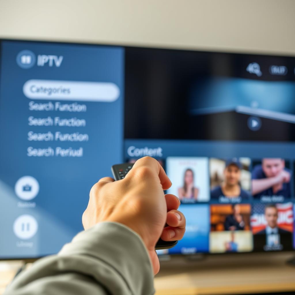 Person navigating through IPTV user interface on smart TV during trial Person navigating through IPTV user interface on smart TV during trial
