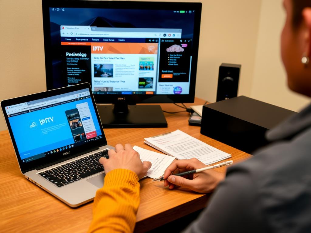 Person researching IPTV free trial providers on laptop