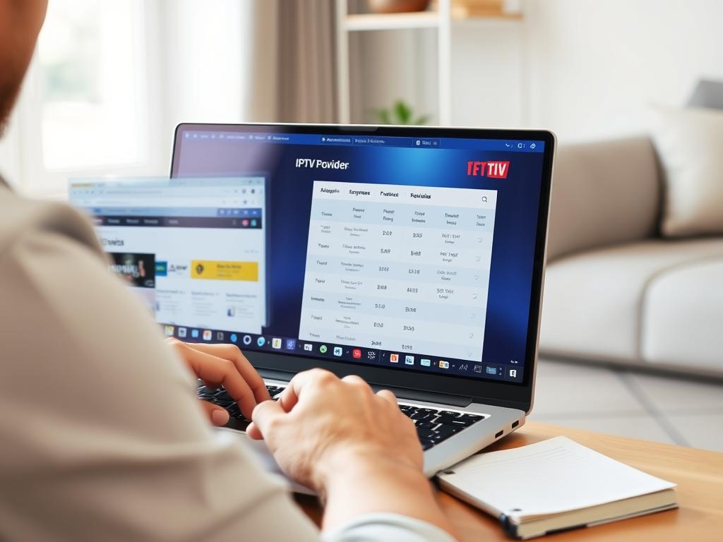 Person researching IPTV options on a laptop with multiple provider websites visible