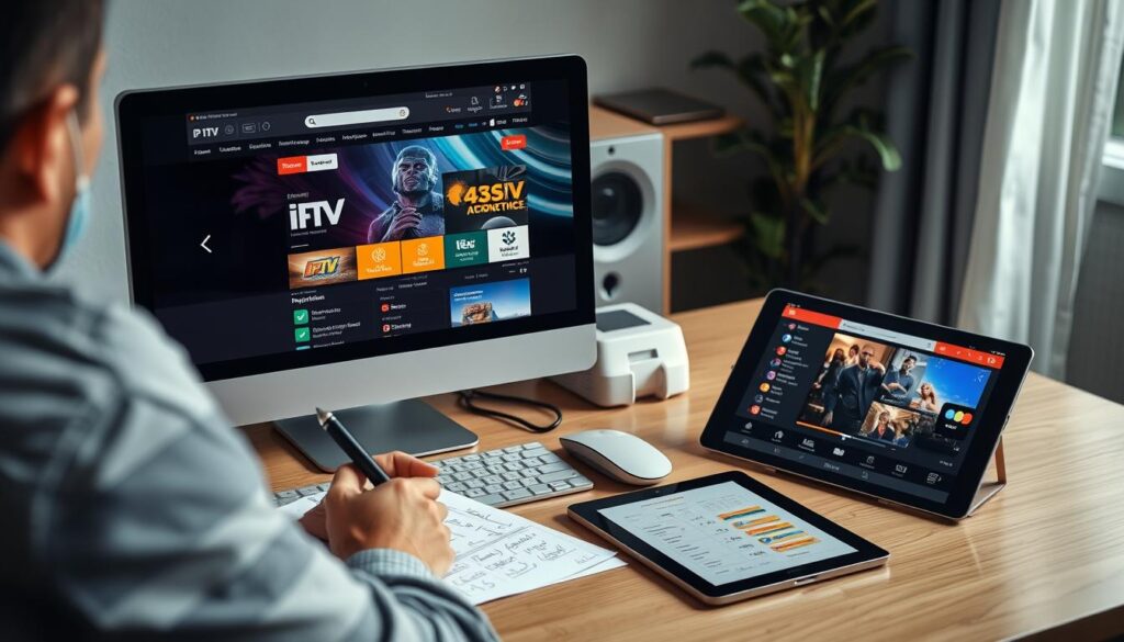 Person researching IPTV providers on computer with notes and comparison charts