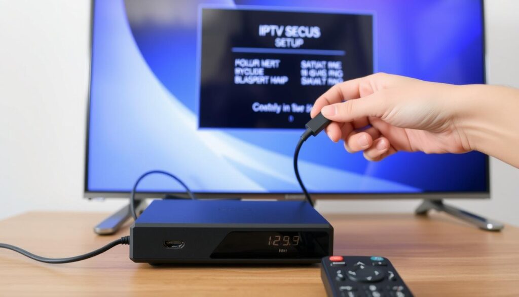 Person setting up an IPTV box with TV in background Person setting up an IPTV box with TV in background