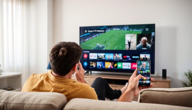 Person testing IPTV trial on multiple devices including smart TV, tablet and smartphone
