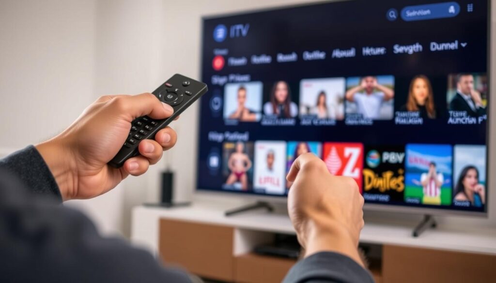 Person using remote to browse through IPTV service interface on a large TV Person using remote to browse through IPTV service interface on a large TV