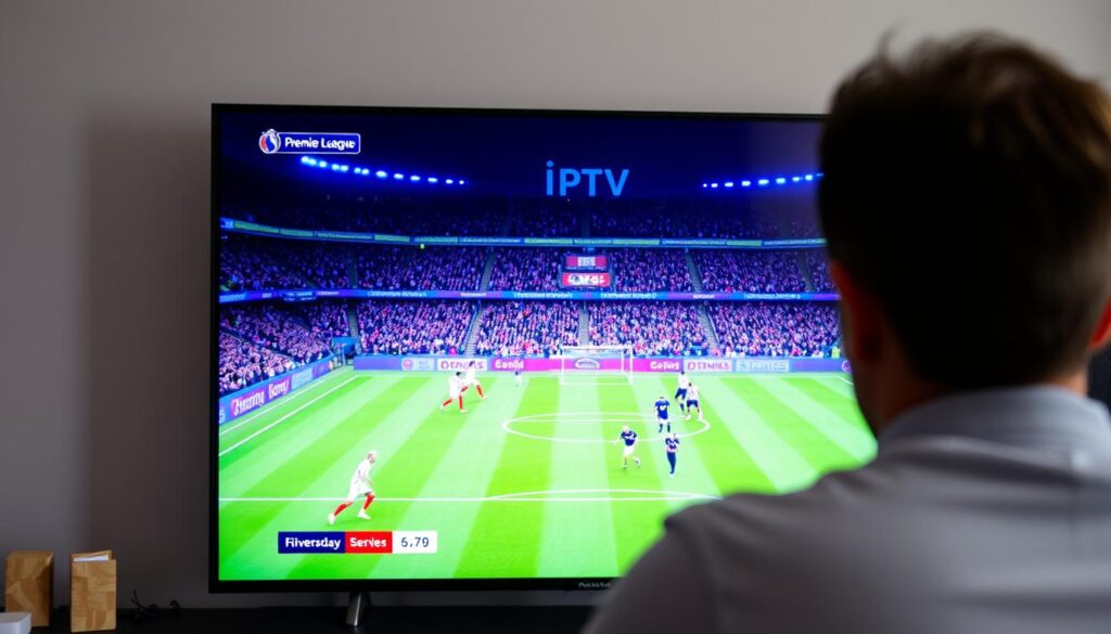 Person watching British sports via IPTV showing Premier League football match