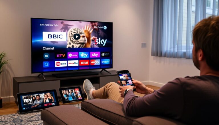 Person watching IPTV on multiple devices showing UK channels